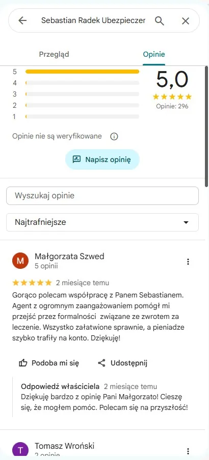 Zakładka opinii wizytówki Sebastian Radek Ubezpieczenia z odpowiedzią właściciela