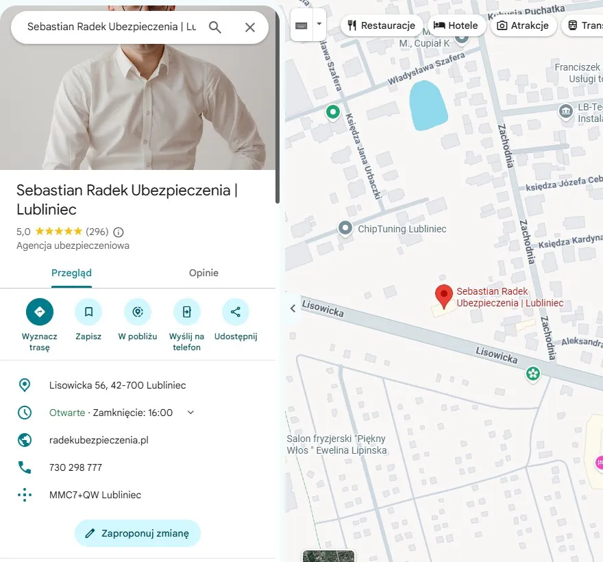 Wizytówka Google Sebastian Radek Ubezpieczenia w Lublińcu: ocena 5,0 i 296 opinii